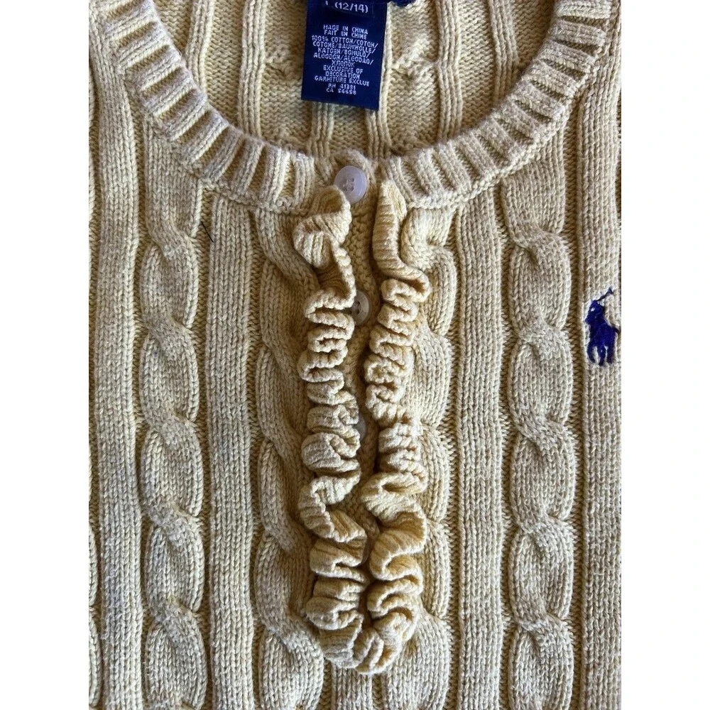 Ralph Lauren Yellow Cable Knit Sweater Size L Youth 1/4 Button EUC Ruffle Preppy